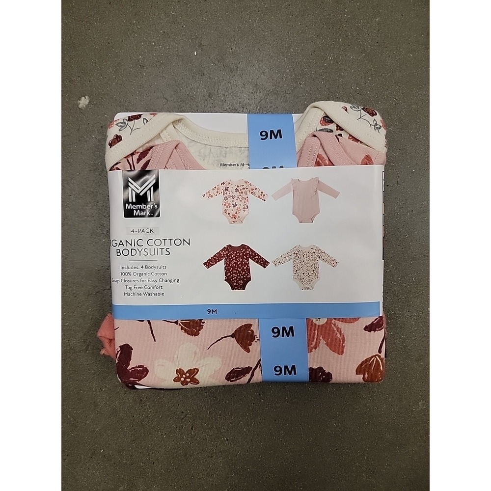 Member's Mark Baby Girls Organic Cotton Bodysuits 4 Pack 9m